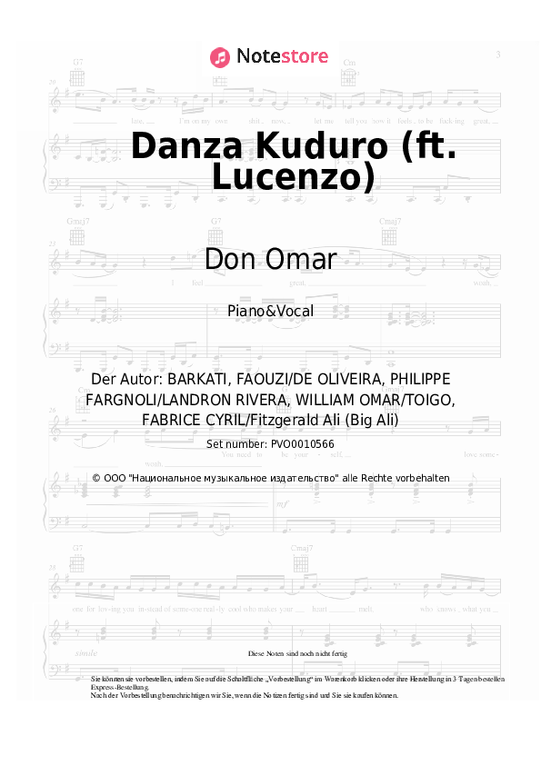 Noten mit Gesang Don Omar - Danza Kuduro (ft. Lucenzo) - Klavier&Gesang