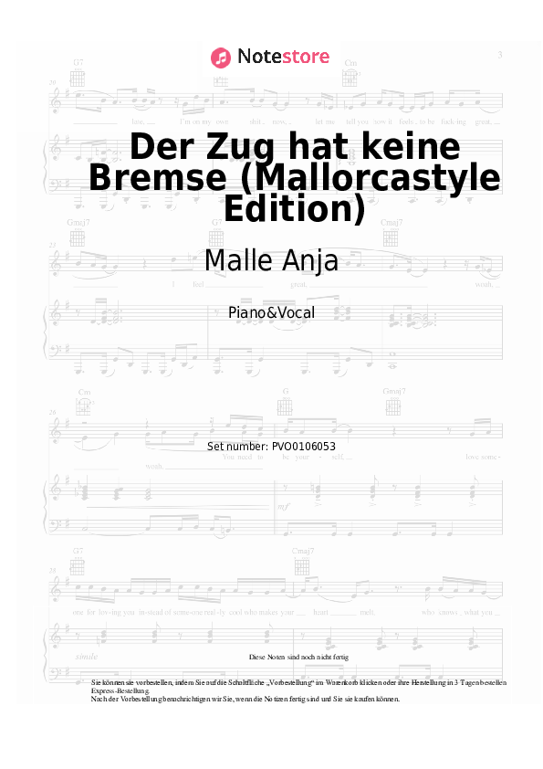 Noten mit Gesang Mia Julia, Lorenz Büffel, Malle Anja - Der Zug hat keine Bremse (Mallorcastyle Edition) - Klavier&Gesang