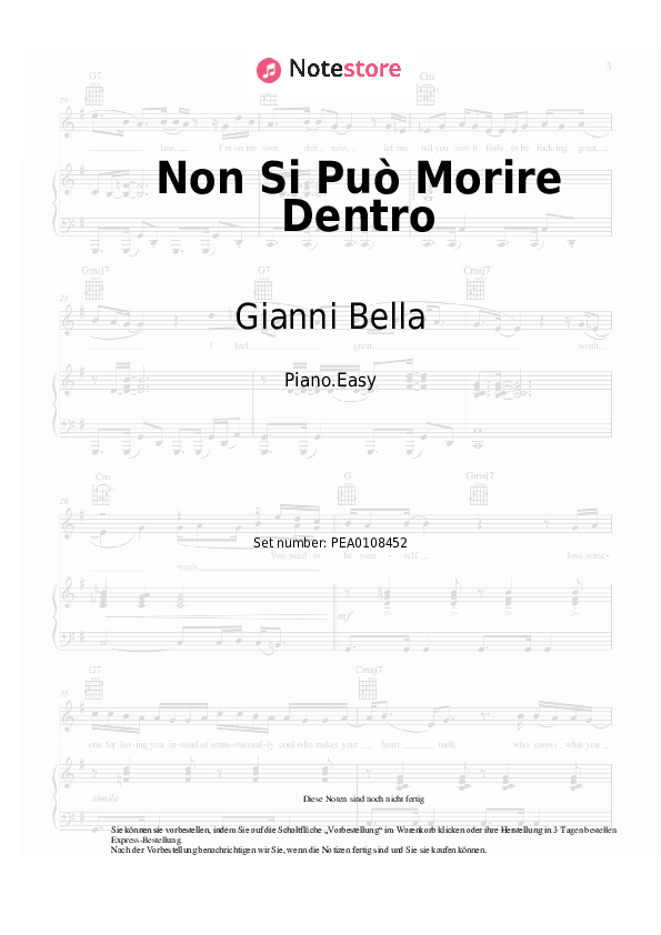 Einfache Noten Gianni Bella - Non Si Può Morire Dentro - Klavier.Einfach