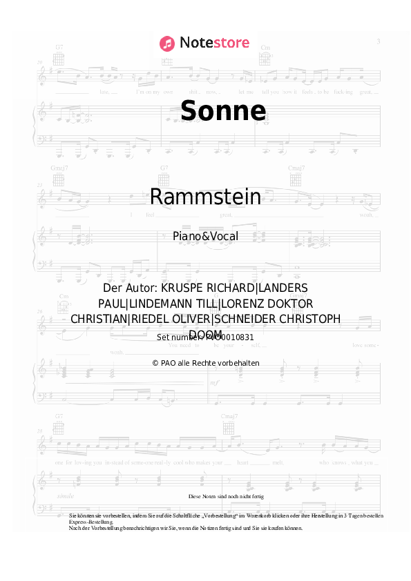 Noten mit Gesang Rammstein - Sonne - Klavier&Gesang