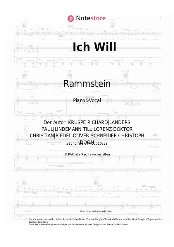 Noten mit Gesang Rammstein - Ich Will - Klavier&Gesang