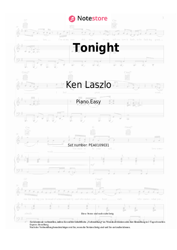 Einfache Noten Ken Laszlo - Tonight - Klavier.Einfach