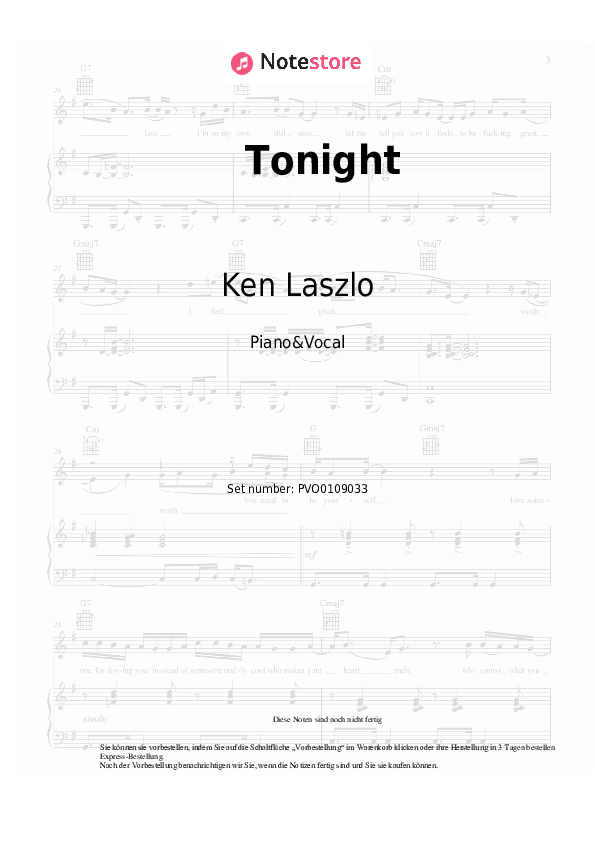 Noten mit Gesang Ken Laszlo - Tonight - Klavier&Gesang