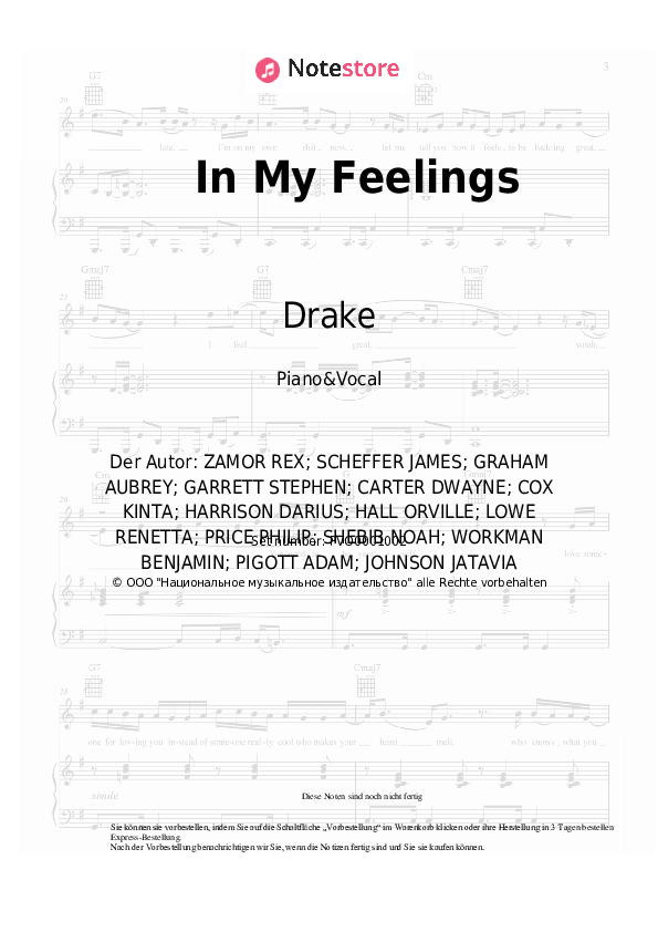Noten mit Gesang Drake - In My Feelings - Klavier&Gesang