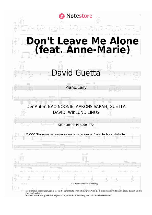 Einfache Noten David Guetta - Don't Leave Me Alone (feat. Anne-Marie) - Klavier.Easy