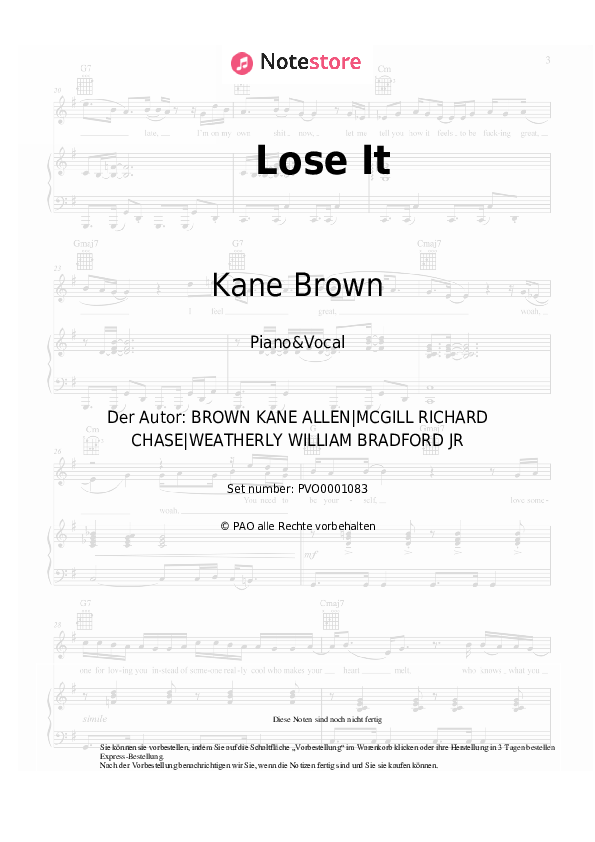 Noten mit Gesang Kane Brown - Lose It - Klavier&Gesang