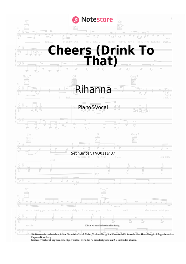 Noten mit Gesang Rihanna - Cheers (Drink To That) - Klavier&Gesang