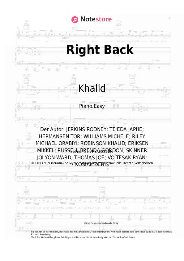 Einfache Noten Khalid - Right Back - Klavier.Easy