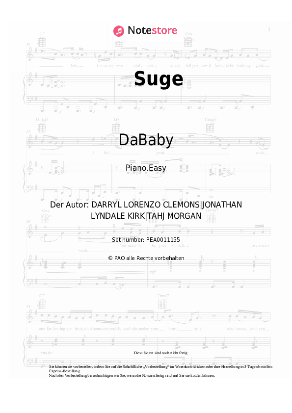 Einfache Noten DaBaby - Suge - Klavier.Easy