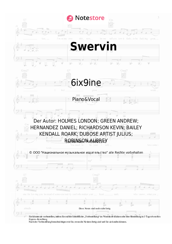 Noten mit Gesang A Boogie wit da Hoodie, 6ix9ine - Swervin - Klavier&Gesang