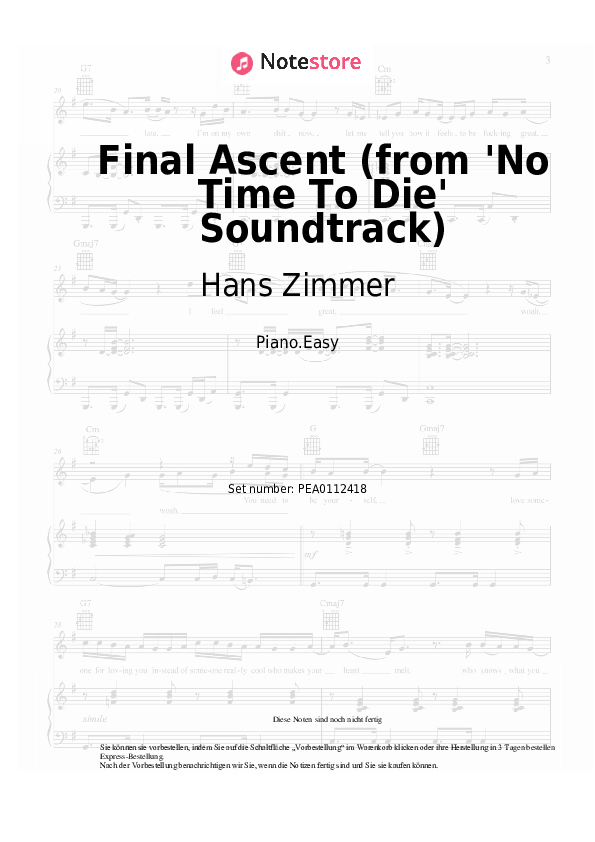 Einfache Noten Hans Zimmer - Final Ascent (from 'No Time To Die' Soundtrack) - Klavier.Easy