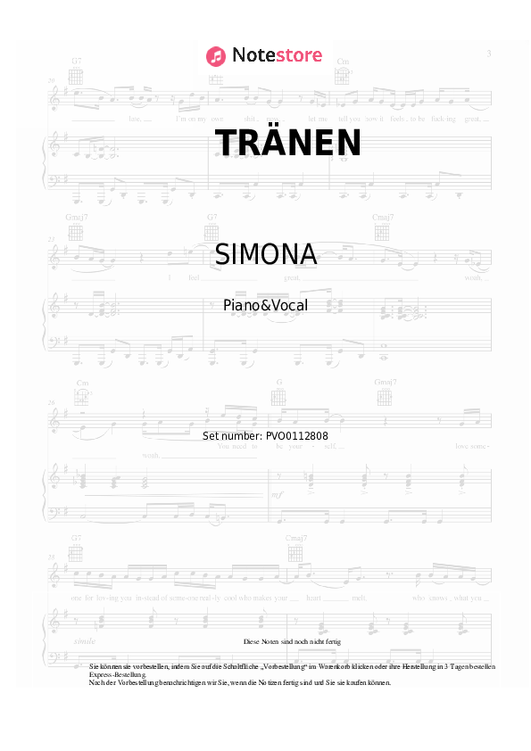 Noten mit Gesang SIMONA - TRÄNEN - Klavier&Gesang