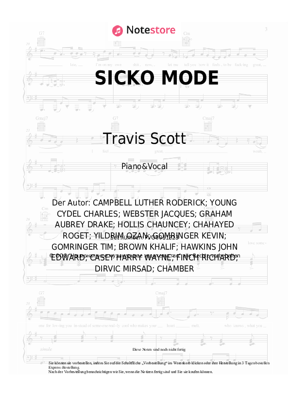 Noten mit Gesang Travis Scott - SICKO MODE - Klavier&Gesang