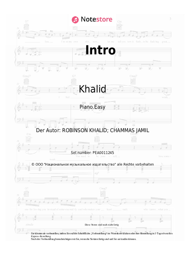 Einfache Noten Khalid - Intro - Klavier.Easy