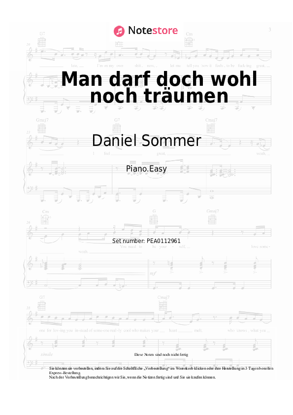 Einfache Noten Daniel Sommer - Man darf doch wohl noch träumen - Klavier.Easy