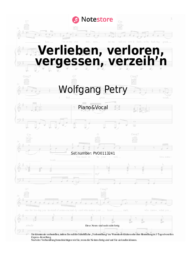 Noten mit Gesang Wolfgang Petry - Verlieben, verloren, vergessen, verzeih’n - Klavier&Gesang
