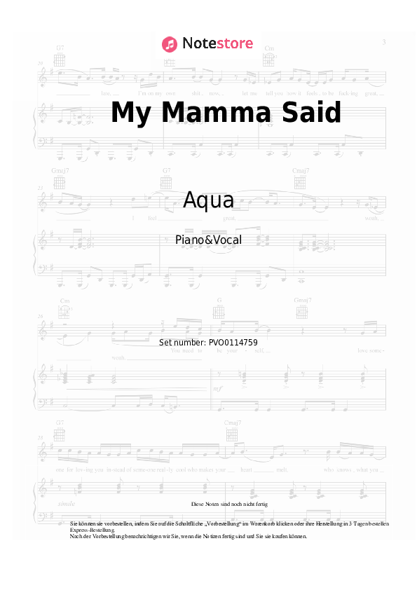 Noten mit Gesang Aqua - My Mamma Said - Klavier&Gesang
