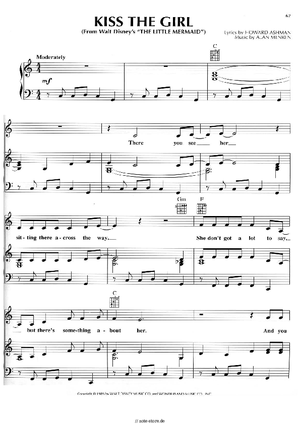 Alan Menken - Kiss The Girl (from The Little Mermaid) Noten für Piano