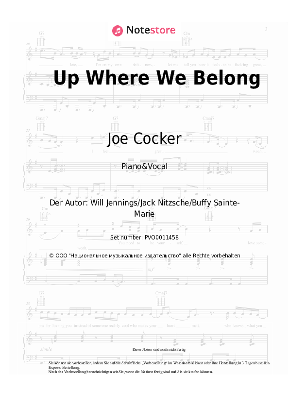 Noten mit Gesang Joe Cocker - Up Where We Belong - Klavier&Gesang