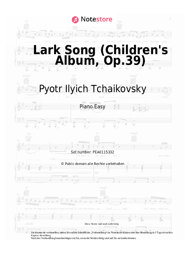 Einfache Noten Pyotr Ilyich Tchaikovsky - Lark Song (Children's Album, Op.39) - Klavier.Easy