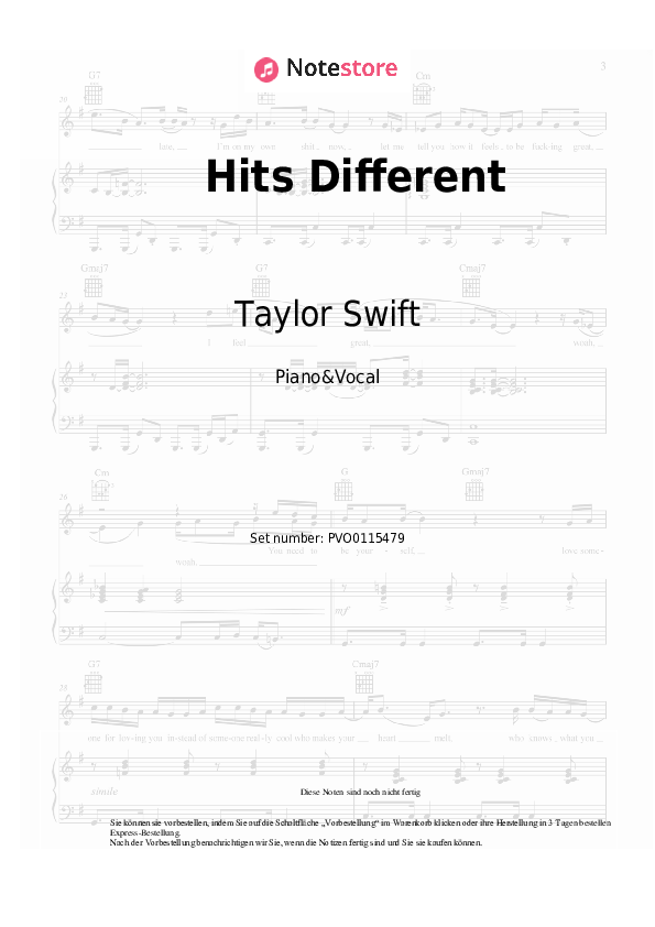 Noten mit Gesang Taylor Swift - Hits Different - Klavier&Gesang