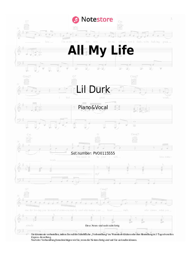 Noten mit Gesang Lil Durk, J. Cole - All My Life - Klavier&Gesang