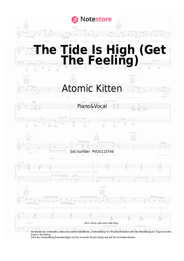 Noten mit Gesang Atomic Kitten - The Tide Is High (Get The Feeling) - Klavier&Gesang