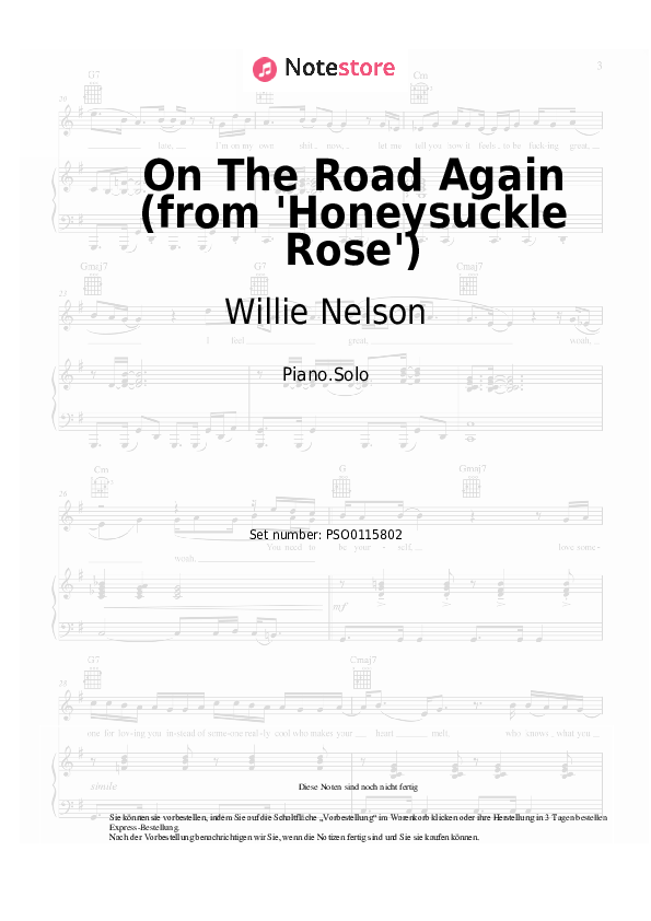 Noten Willie Nelson - On The Road Again (from 'Honeysuckle Rose') - Klavier.Solo