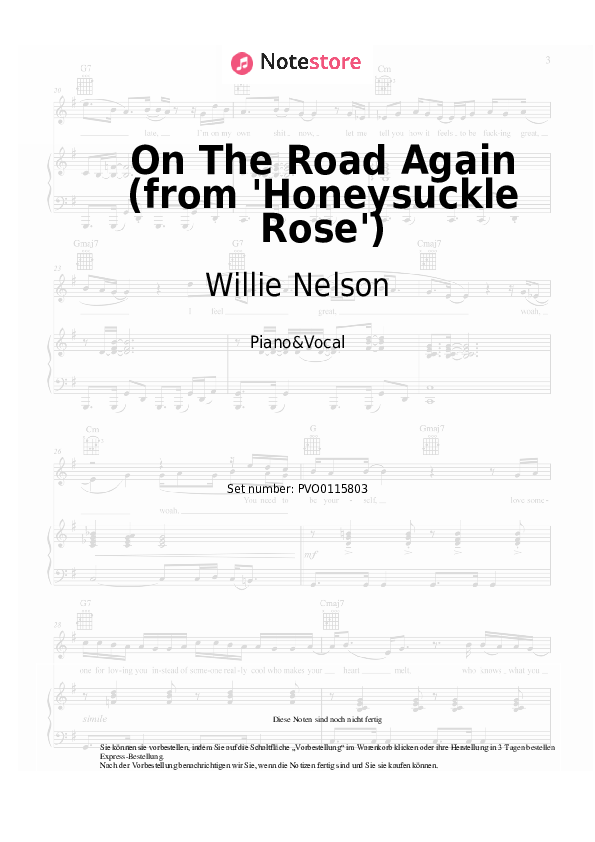 Noten mit Gesang Willie Nelson - On The Road Again (from 'Honeysuckle Rose') - Klavier&Gesang