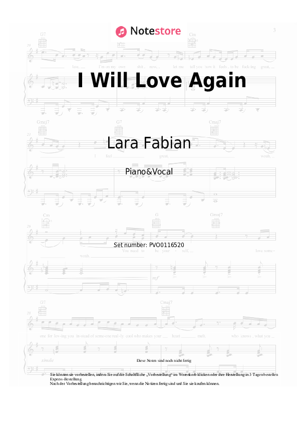 Noten mit Gesang Lara Fabian - I Will Love Again - Klavier&Gesang
