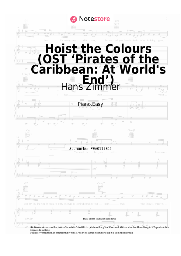 Einfache Noten Hans Zimmer - Hoist the Colours (OST ‘Pirates of the Caribbean: At World's End’) - Klavier.Easy