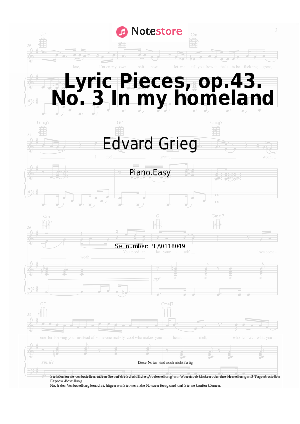 Einfache Noten Edvard Grieg - Lyric Pieces, op.43. No. 3 In my homeland - Klavier.Easy