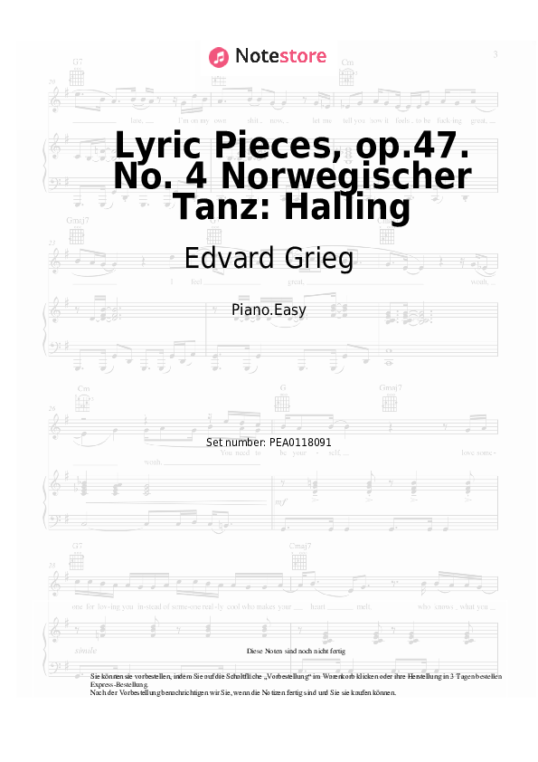 Einfache Noten Edvard Grieg - Lyric Pieces, op.47. No. 4 Norwegischer Tanz: Halling - Klavier.Einfach