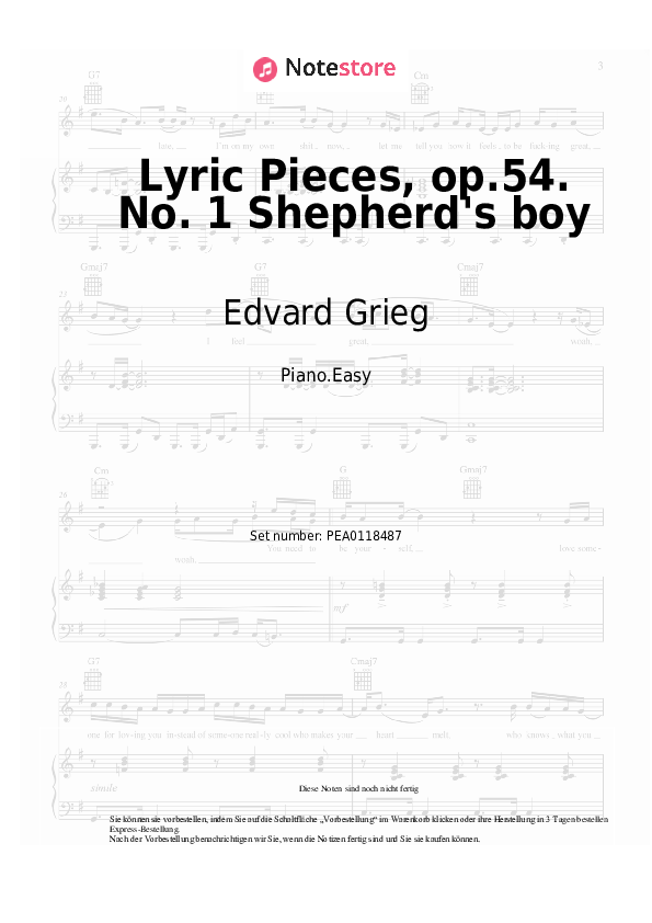 Einfache Noten Edvard Grieg - Lyric Pieces, op.54. No. 1 Shepherd's boy - Klavier.Einfach