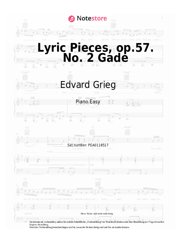 Einfache Noten Edvard Grieg - Lyric Pieces, op.57. No. 2 Gade - Klavier.Einfach