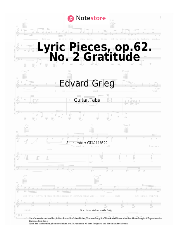 Tabs Edvard Grieg - Lyric Pieces, op.62. No. 2 Gratitude - Gitarre.Tabs