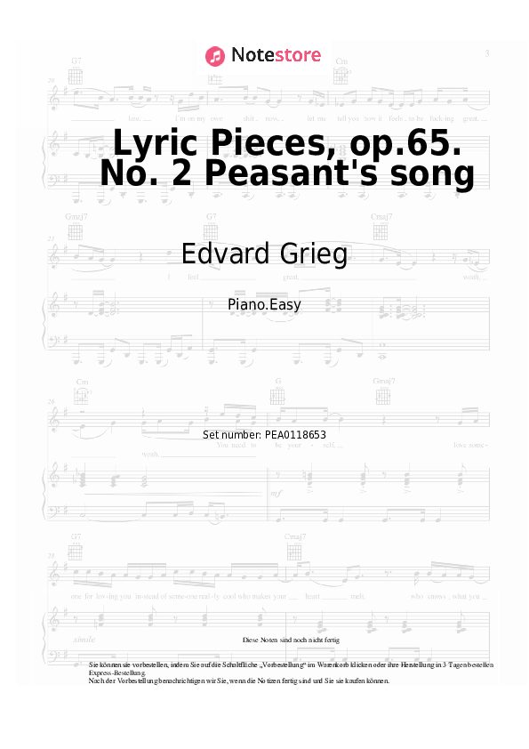 Einfache Noten Edvard Grieg - Lyric Pieces, op.65. No. 2 Peasant's song - Klavier.Einfach