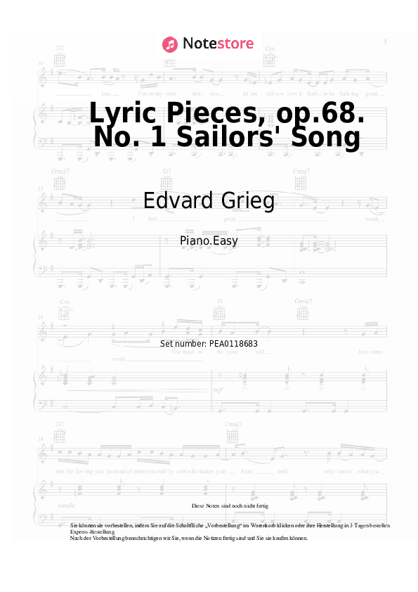 Einfache Noten Edvard Grieg - Lyric Pieces, op.68. No. 1 Sailors' Song - Klavier.Einfach