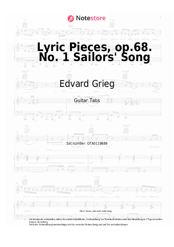 Tabs Edvard Grieg - Lyric Pieces, op.68. No. 1 Sailors' Song - Gitarre.Tabs