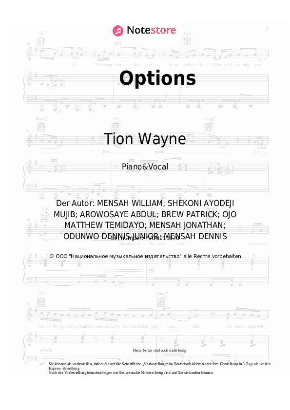 Noten mit Gesang NSG, Tion Wayne - Options - Klavier&Gesang