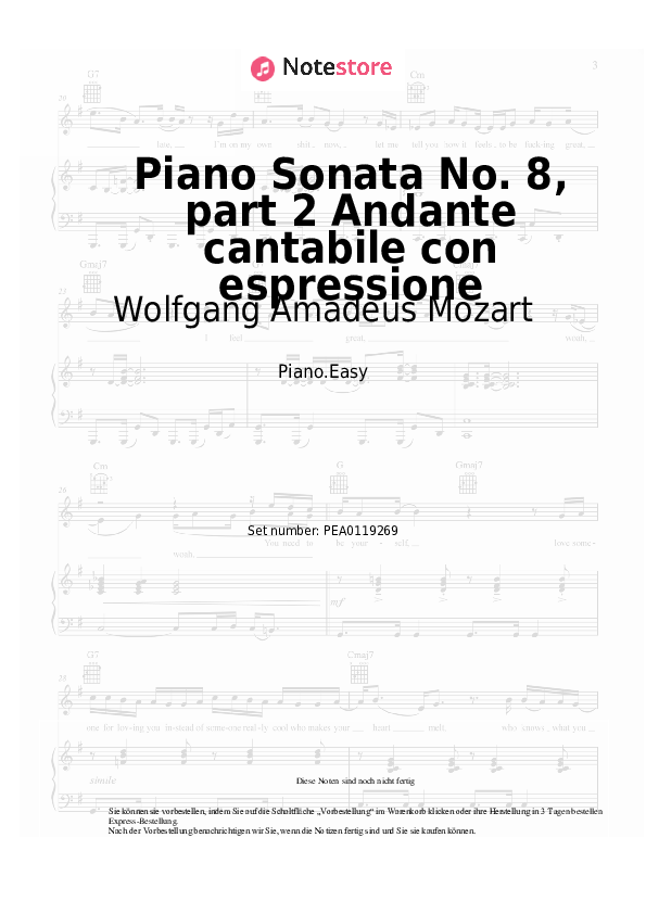 Einfache Noten Wolfgang Amadeus Mozart - Piano Sonata No. 8, K. 310/300d, part 2 Andante cantabile con espressione - Klavier.Easy