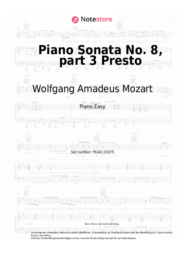 Einfache Noten Wolfgang Amadeus Mozart - Piano Sonata No. 8, K. 310/300d, part 3 Presto - Klavier.Easy