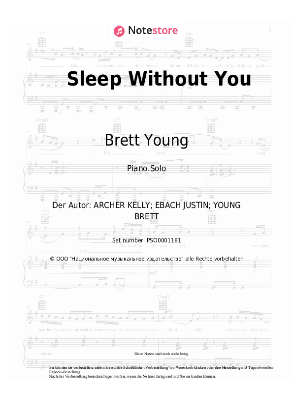 Noten Brett Young - Sleep Without You - Klavier.Solo