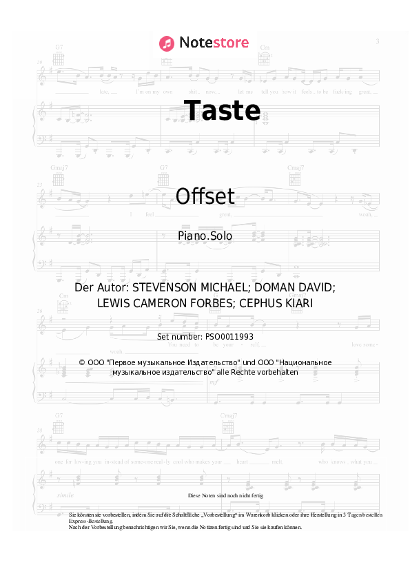 Noten Tyga, Offset - Taste - Klavier.Solo