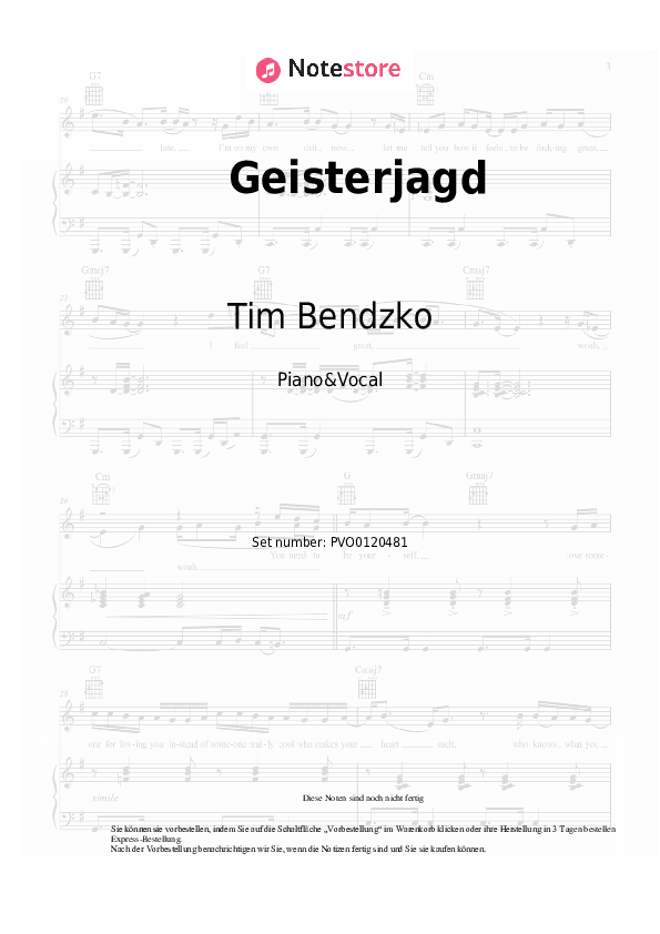 Noten mit Gesang Tim Bendzko - Geisterjagd - Klavier&Gesang