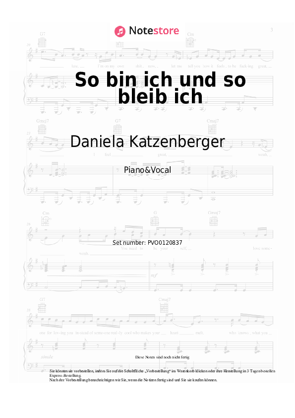 Noten mit Gesang Daniela Katzenberger - So bin ich und so bleib ich - Klavier&Gesang