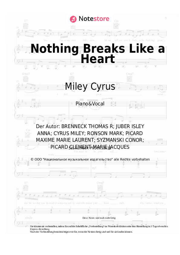 Noten mit Gesang Mark Ronson, Miley Cyrus - Nothing Breaks Like a Heart - Klavier&Gesang