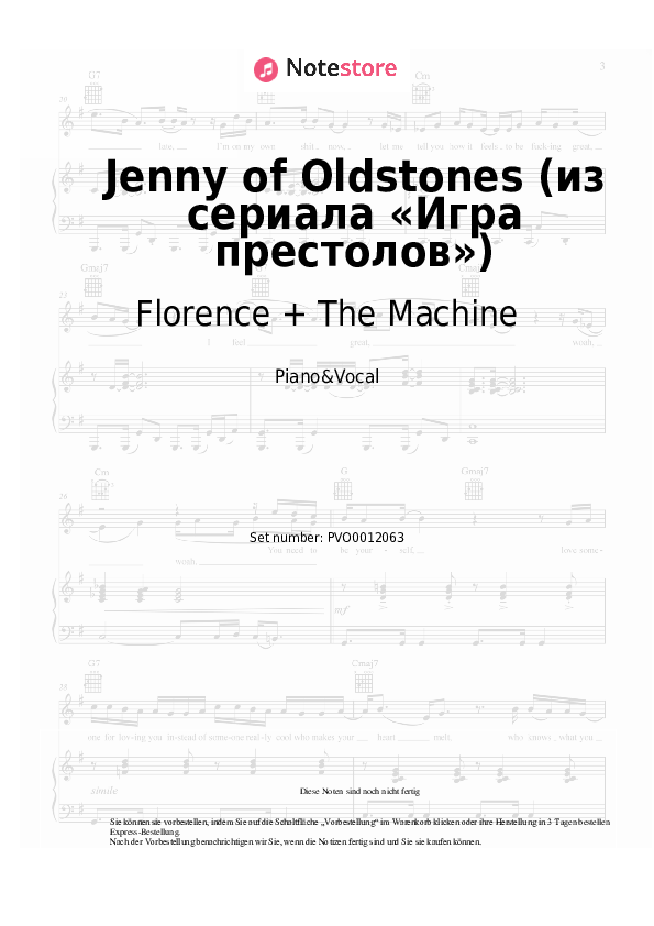 Noten mit Gesang Florence + The Machine - Jenny of Oldstones (Game of Thrones) - Klavier&Gesang
