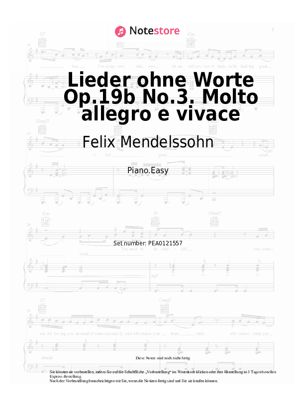 Einfache Noten Felix Mendelssohn - Lieder ohne Worte Op.19b No.3. Molto allegro e vivace - Klavier.Easy