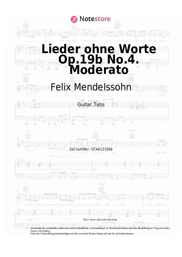 Tabs Felix Mendelssohn - Lieder ohne Worte Op.19b No.4. Moderato - Gitarre.Tabs
